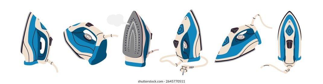 Conjunto de ferro elétrico. Ícones de ferro de vapor de diferentes ângulos. Dispositivo doméstico para cozinhar no vapor e alisar rugas em roupas e têxteis. Coleção de ilustrações de vetor plana isolada no plano de fundo