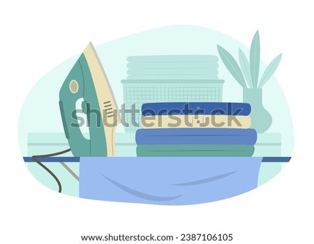 Electric Iron and Stack of Folded Clothes on Ironing Board for Housework Concept Illustration