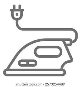 Electric iron with wire and fork plug line icon, laundry service concept. Vector graphics. Dry cleaning, care sign on white background, outline style icon for mobile or web design