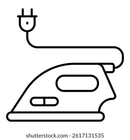Electric iron with wire and fork plug thin line icon, laundry service concept. Vector graphics. Dry cleaning sign on white background, linear style for mobile or design