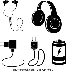Electric item technology music battery head phone ear bug charging energy vector illustration icon set