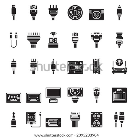 Electric jack, and plug , connectors filled with flat icons set. Collection Connection technology, mobile devices connect, connector, socket and wire, electric power. Electric connectors full set pack