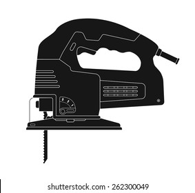 Electric jigsaw tool. Vector clip art black silhouette illustration isolated on white
