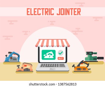 Electric Jointer Online Instruments Shop Promotional Power Tools for Woodworking Flat Landing Page Vector Spare Parts Store Ad Banner Illustration Announcement Buy Industry Equipment through Laptop