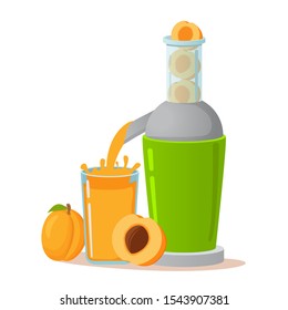  Electric juicer apricot juice. A concept for tropical fruit healthy lifestyle. Flat vector illustration.Symbol for a mobile application or website.Isolated on white background.
