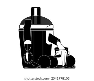 Electric juicer and glass with fresh juice and fruits, kitchen appliances - Vector black and white illustration