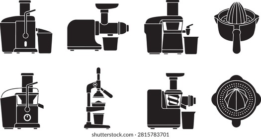 Electric juicer machine and citrus squeezer appliance icons set