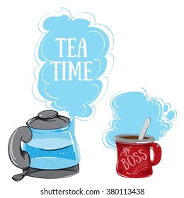 Electric Kettle with boiling water and a mug, a color hand drawing.