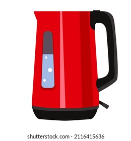 Electric kettle for boiling water. Red kettle with boiling water on a white background.