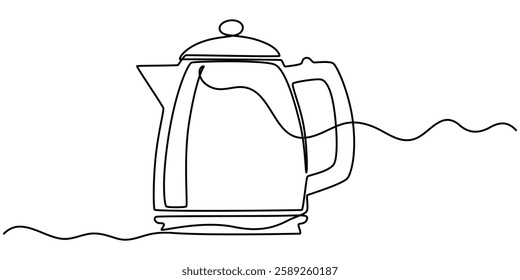 Electric kettle continuous one line drawing vector illustration, Kettle. Icon. Vector drawing. One line art. A simple drawing of a continuous line of a kitchen electric appliance, one continuous line.