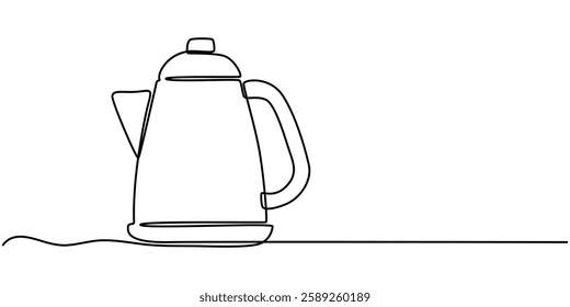 Electric kettle continuous one line drawing vector illustration, Kettle. Icon. Vector drawing. One line art. A simple drawing of a continuous line of a kitchen electric appliance, one continuous line.