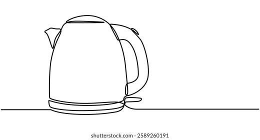 Electric kettle continuous one line drawing vector illustration, Kettle. Icon. Vector drawing. One line art. A simple drawing of a continuous line of a kitchen electric appliance, one continuous line.