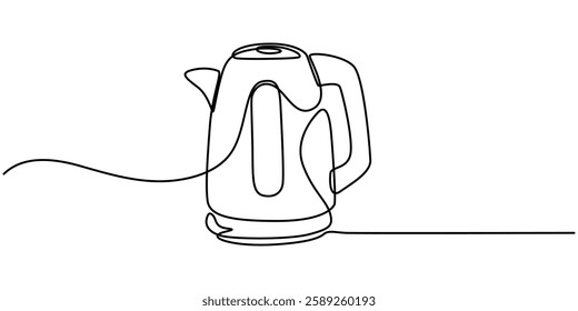 Electric kettle continuous one line drawing vector illustration, Kettle. Icon. Vector drawing. One line art. A simple drawing of a continuous line of a kitchen electric appliance, one continuous line.