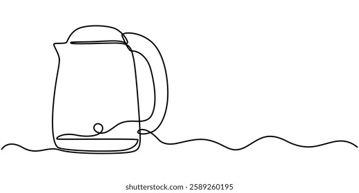 Electric kettle continuous one line drawing vector illustration, Kettle. Icon. Vector drawing. One line art. A simple drawing of a continuous line of a kitchen electric appliance, one continuous line.