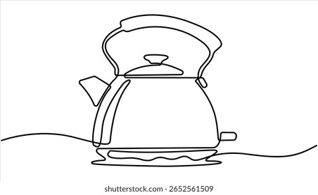 chaleira elétrica contínua uma linha desenhando ilustração vetor, Kettle. Ícone. Vetor de desenho contínuo da linha de sinal da chaleira elétrica. Uma linha Teapot, fundo vetor chaleira. 