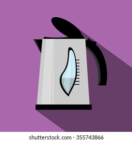 Electric kettle flat icon, Teapot flat Vector illustration with long shadow, tea kettle for kitchen or cafe.