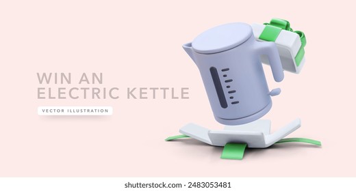 Electric kettle flies out of the gift box in 3D cartoon style. Vector illustration