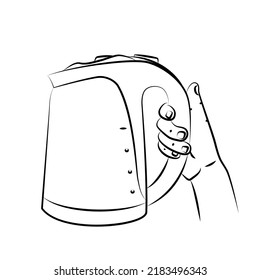 Electric kettle in hand. Household cooking appliance. Use for menu design, recipes, kitchen goods logo, icon, sticker, website, magazine. Teapot for boiling water. Sketch, editable linear drawing