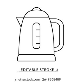 Um ícone de chaleira elétrica em estilo minimalista com traço editável. Aparelho de cozinha, máquina de fazer água quente, preparação de chá, dispositivo doméstico, utensílios de cozinha modernos, objeto de contorno, ilustração de linha de vetor.