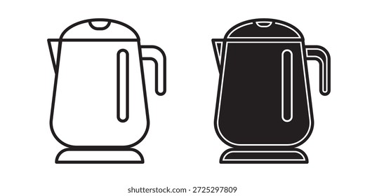 Electric kettle icons in line and solid styles, isolated on a transparent background. Kitchen appliance symbols for boiling water, tea, and coffee with editable strokes.