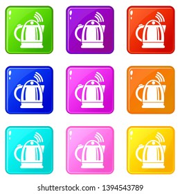 Electric kettle icons set 9 color collection isolated on white for any design