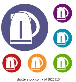 Electric kettle icons set in flat circle reb, blue and green color for web