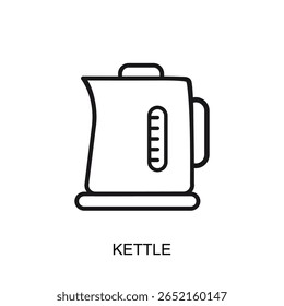 Ícone de linha de chaleira elétrica isolado no fundo branco, ilustração vetorial do aparelho de cozinha moderno, símbolo de contorno preto mínimo para água fervente, fazer chá ou bebidas quentes em casa
