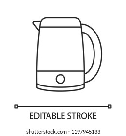 Electric kettle linear icon. Hot water pot. Thin line illustration. Kitchen appliance. Contour symbol. Vector isolated outline drawing. Editable stroke