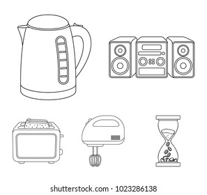 Electric kettle, music center, mixer, toaster.Household set collection icons in outline style vector symbol stock illustration web.