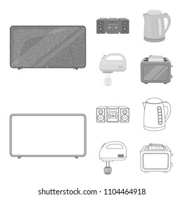 Electric kettle, music center, mixer, toaster.Household set collection icons in outline,monochrome style vector symbol stock illustration web.