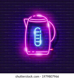 Electric kettle neon sign. Vector illustration for design. Kitchen concept. Glowing icon of a household appliance for heating water.