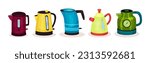 Electric Kettle as Pot for Boiling Water with Lid, Spout and Handle Vector Set