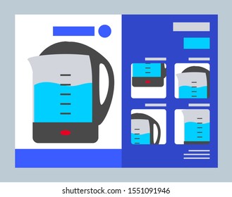 Electric kettle presentation, peculiar properties and features of device. Big sale on appliances and technical products in stores. Buy teapot in electronics supermarket. Vector illustration in flat