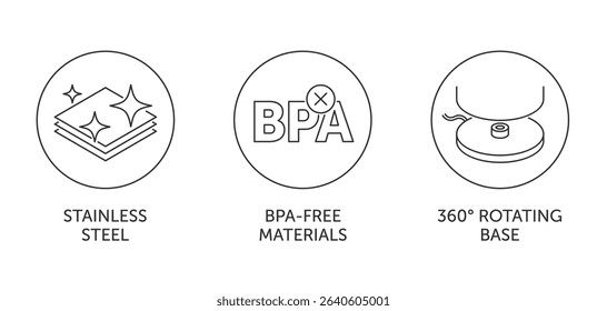 Electric kettle properties icons set - BPA-free materials, 360 degree rotating base, Stainless steel. Pictograms for labeling in thin line and circle shape