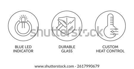 Electric kettle properties icons set - Custom heat control, Blue led indicator, Durable glass. Pictograms for labeling in thin line