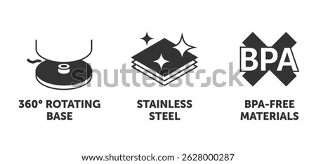 Electric kettle properties icons set - BPA-free materials, 360 degree rotating base, Stainless steel. Pictograms for labeling in monochrome style