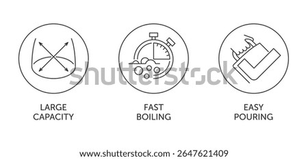 Electric kettle properties icons set - Easy pouring, Large capacity, Fast boiling. Pictograms for labeling in thin line