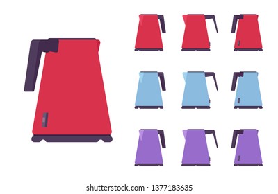 Electric kettle set, kitchen appliance. Teakettle, pot for boiling water, device to make hot drink. Vector flat style cartoon illustration isolated on white background, different views and colors