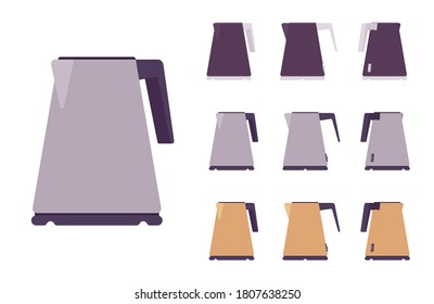 Electric kettle set, kitchen appliance. Teakettle, pot for boiling water, device to make hot drink. Vector flat style cartoon illustration isolated on white background, different views and colors