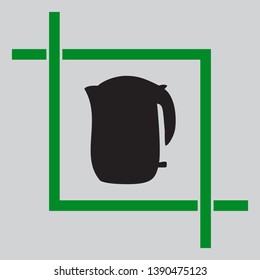 Electric kettle sign. Black icon inside green crop tool at light gray background