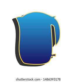 Electric kettle sign. Blue icon with gold contour with dark gray shadow at white background. Illustration.