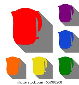 Electric kettle sign. Set of red, orange, yellow, green, blue and violet icons at white background with flat shadow.