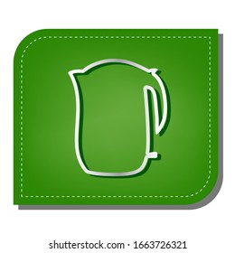 Electric kettle sign. Silver gradient line icon with dark green shadow at ecological patched green leaf. Illustration.