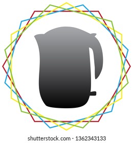 Electric kettle sign. Vector. Black icon with patch of light inside colorful hexagonal frames at white background.