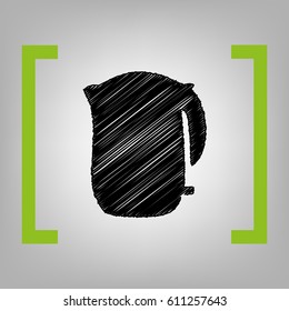 Electric kettle sign. Vector. Black scribble icon in citron brackets on grayish background.