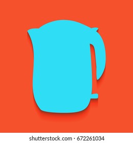 Electric kettle sign. Vector. Blue icon with soft shadow putted down on flamingo background.