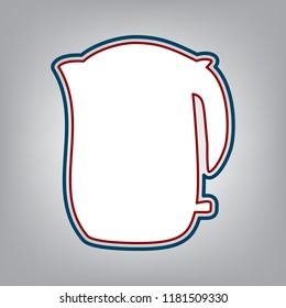 Electric kettle sign. Vector. Dark red, transparent and midnight green stroke of white icon at grayish background.