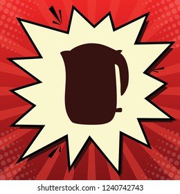 Electric kettle sign. Vector. Dark red icon in lemon chiffon shutter bubble at red popart background with rays.