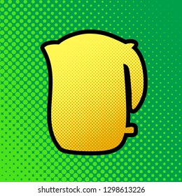 Electric kettle sign. Vector. Pop art orange to yellow dots-gradient icon with black contour at greenish background.