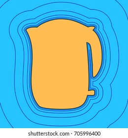 Electric kettle sign. Vector. Sand color icon with black contour and equidistant blue contours like field at sky blue background. Like waves on map - island in ocean or sea.